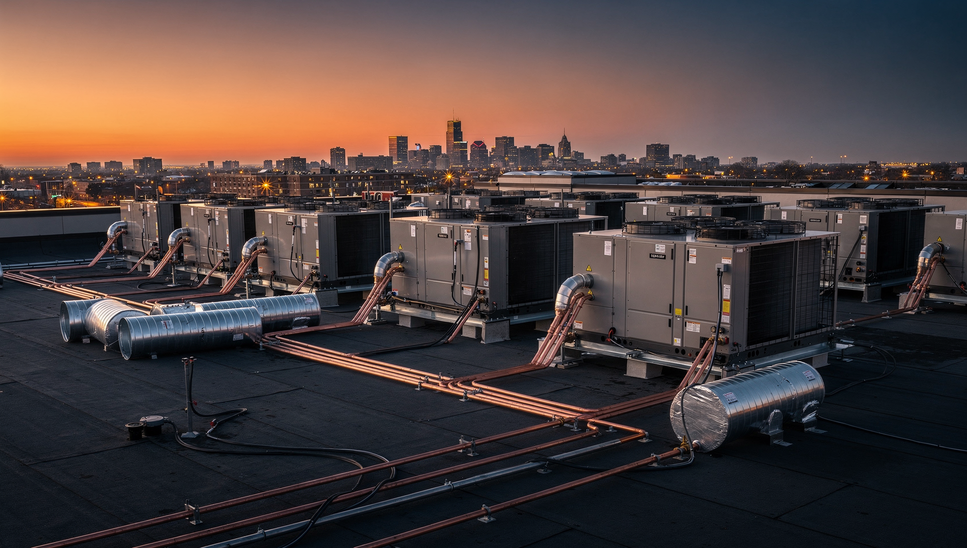 Rooftop HVAC installation at dusk