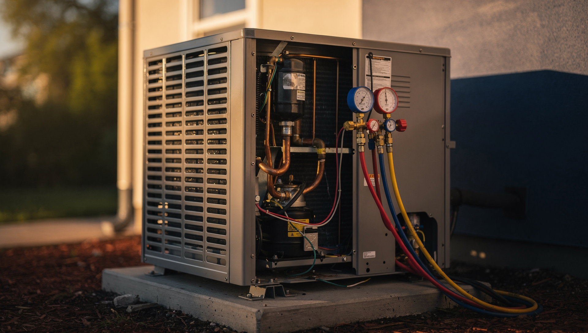 AC condenser with service gauges connected